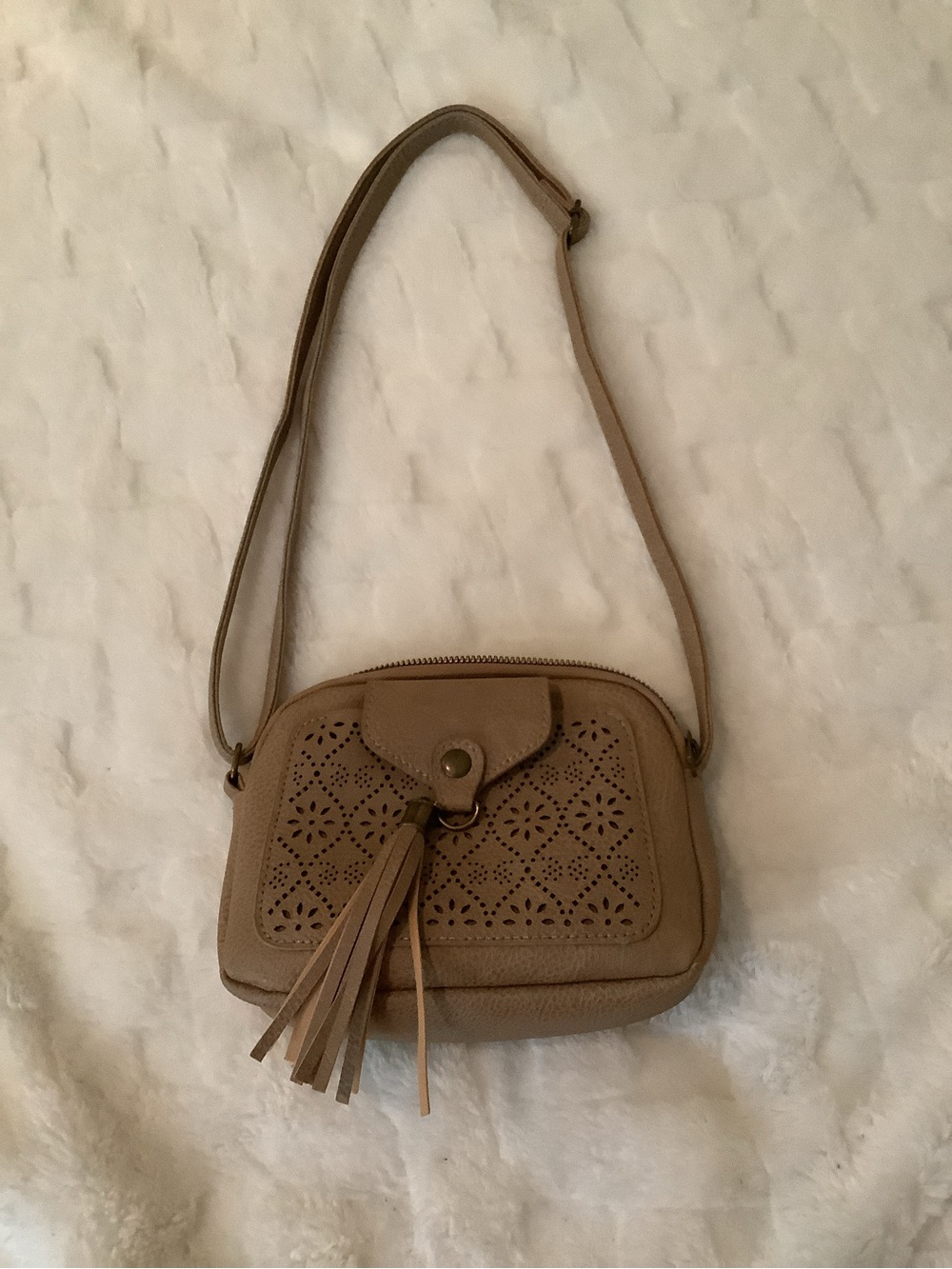 Laser-Cut Tan Crossbody with Tassel Accent